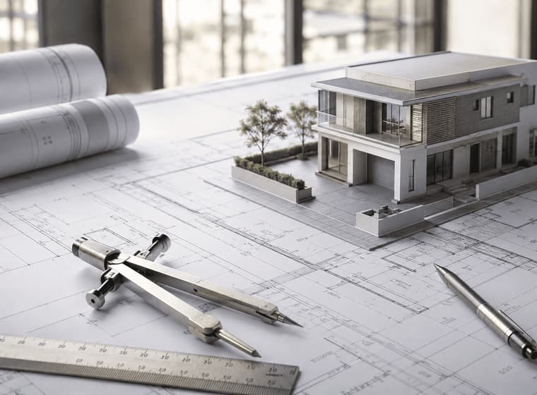 Architectural model, drawings and drafting tools on a desk