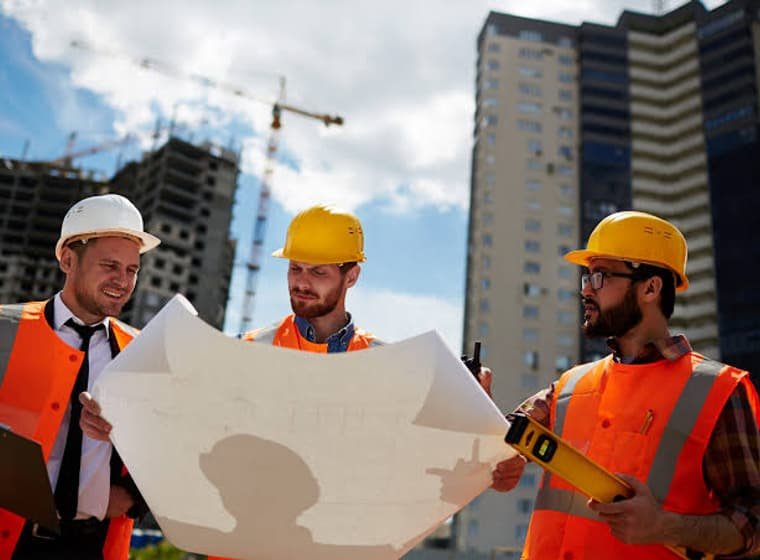 Site team reviewing plans against the works in progress